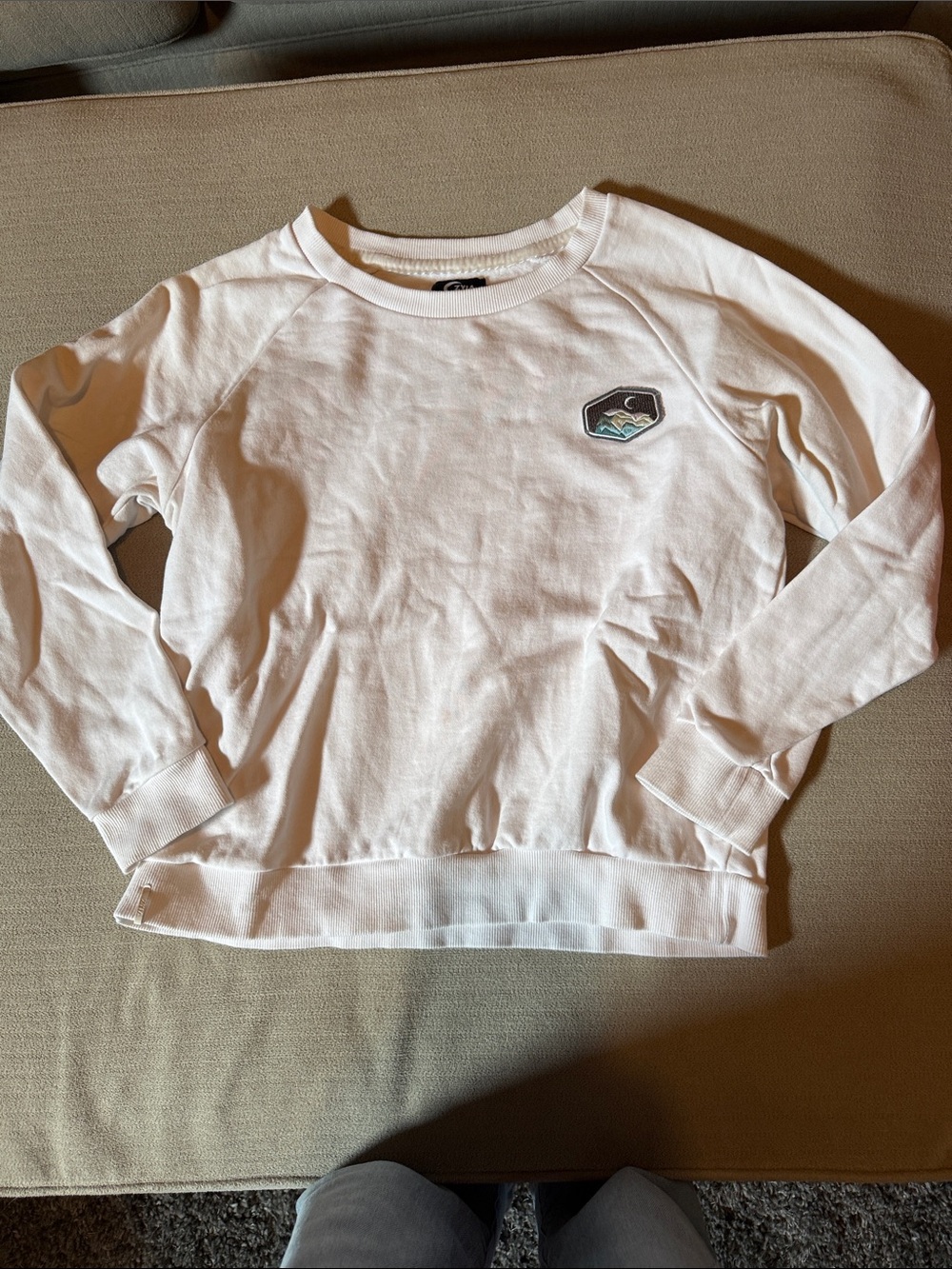 Women’s White Crewneck Sweater with Mountain Patch